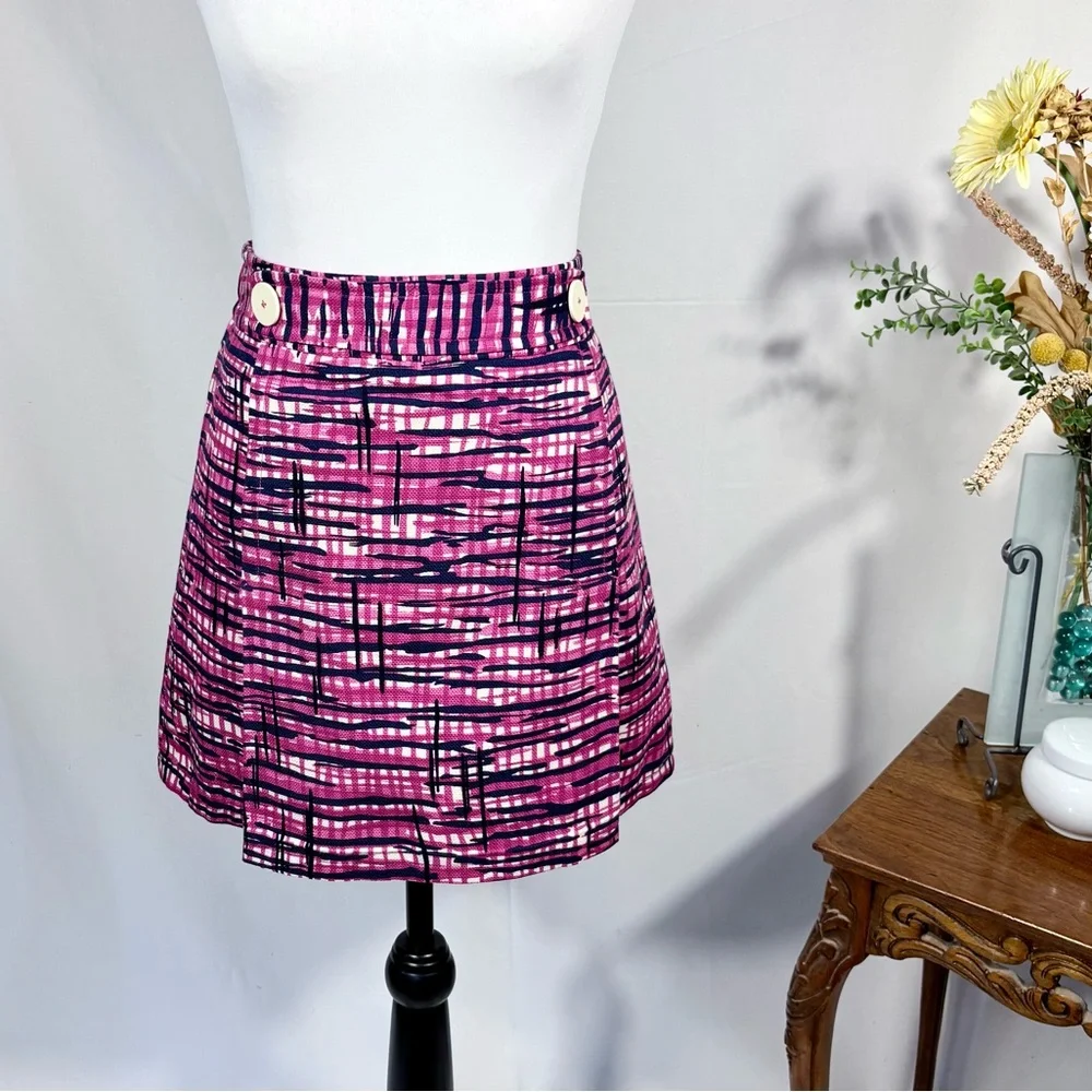 Lilly Pulitzer Graphic Print Inverted Pleat Mini Skirt Oversized Button Sz 2🧡